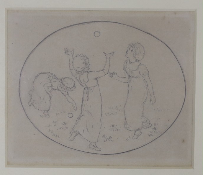 Kate Greenaway (1846-1901), pencil, Girls playing ball, Abbott & Holder label verso, 9.5 x 11cm